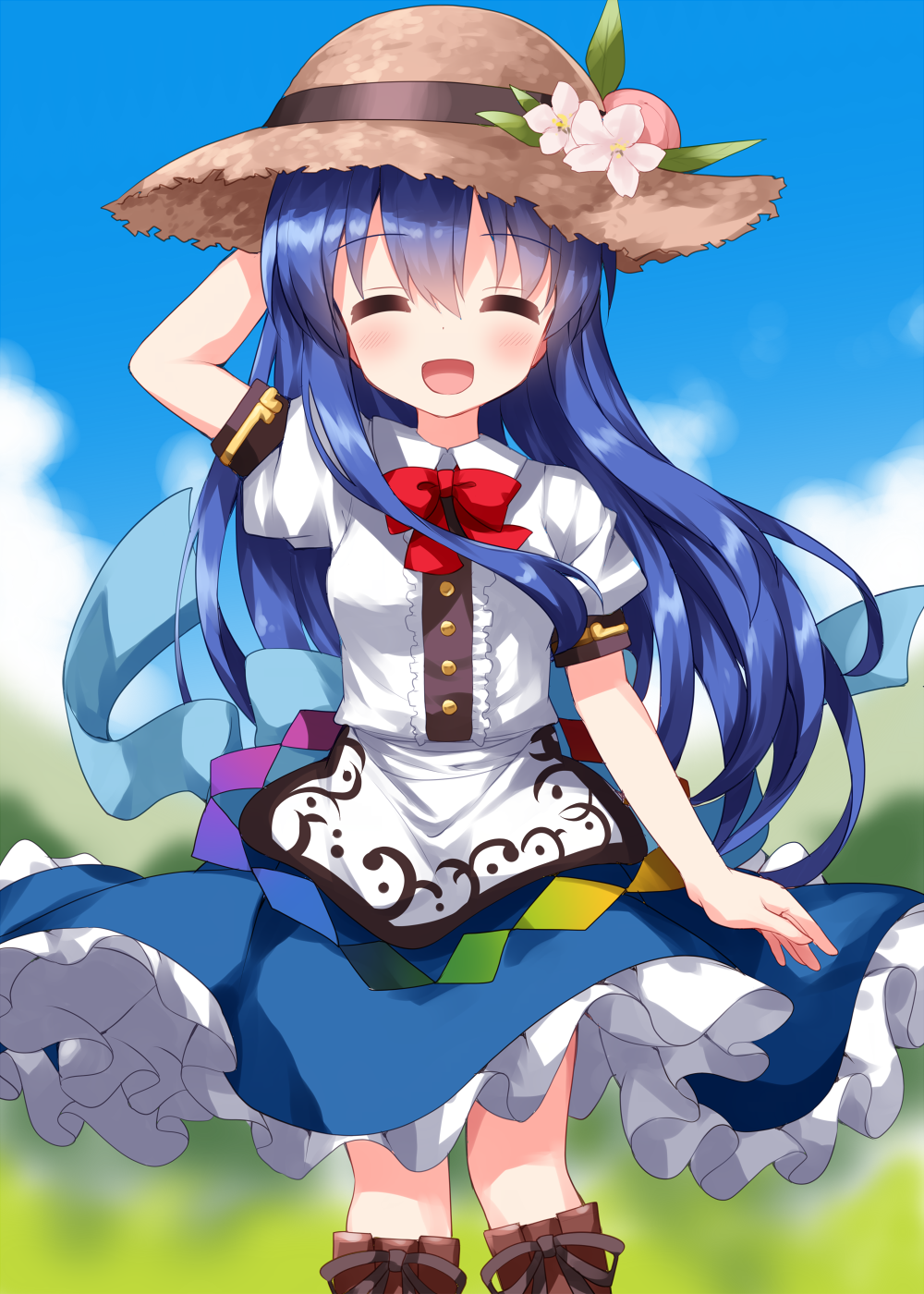 1girl :d ^_^ black_headwear blue_hair blue_skirt blue_sky blush boots bow bowtie brown_footwear closed_eyes clouds day eyebrows_visible_through_hair facing_viewer flower food fruit hat highres hinanawi_tenshi leaf long_hair open_mouth outdoors peach puffy_short_sleeves puffy_sleeves red_bow red_neckwear ruu_(tksymkw) shirt short_sleeves skirt sky smile solo standing touhou very_long_hair white_shirt