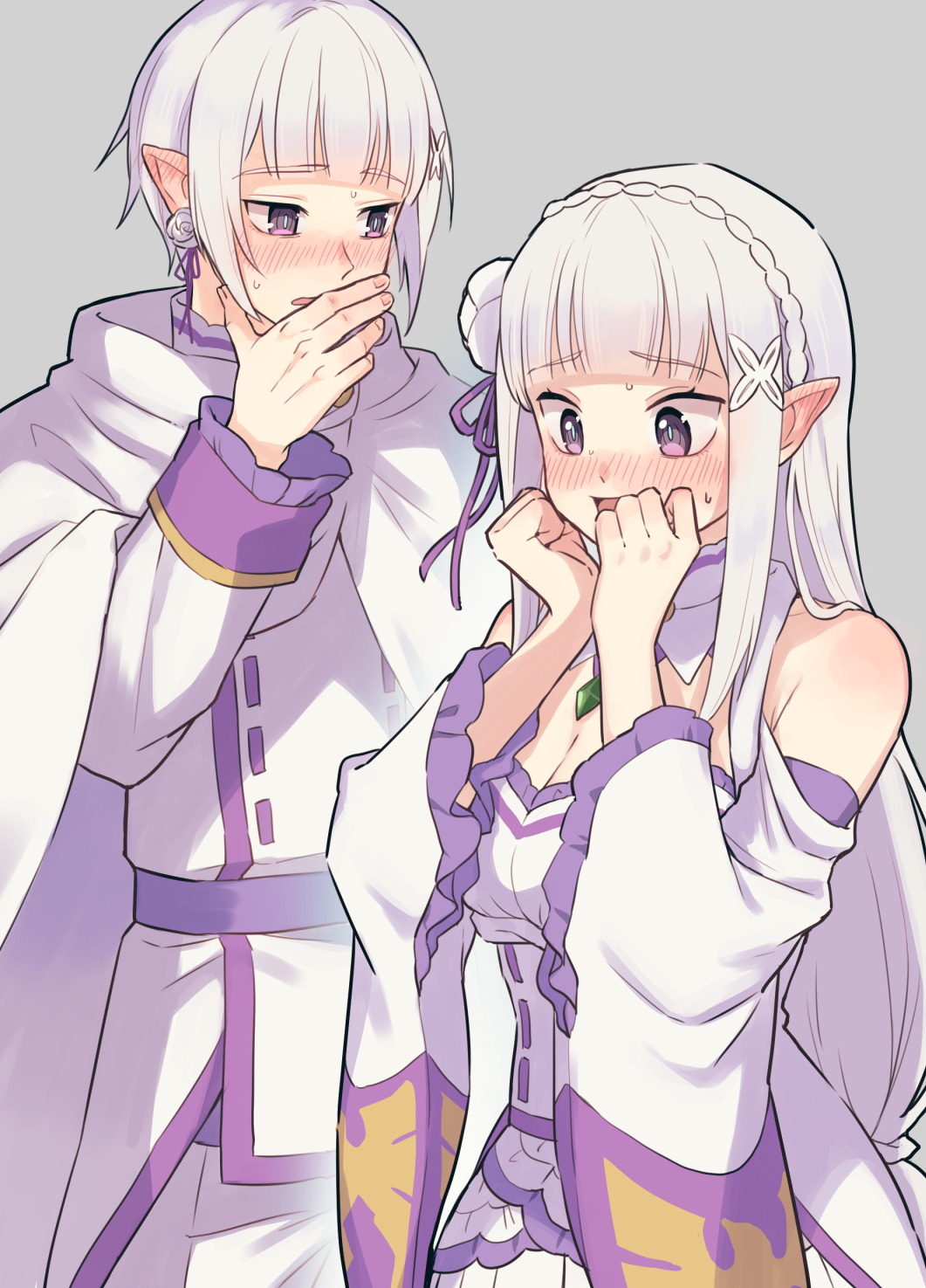 1boy 1girl bangs blunt_bangs blush detached_sleeves dual_persona emilia_(re:zero) flustered frills genderswap genderswap_(ftm) hand_on_own_face highres pointy_ears re:zero_kara_hajimeru_isekai_seikatsu shake_sawa violet_eyes white_hair