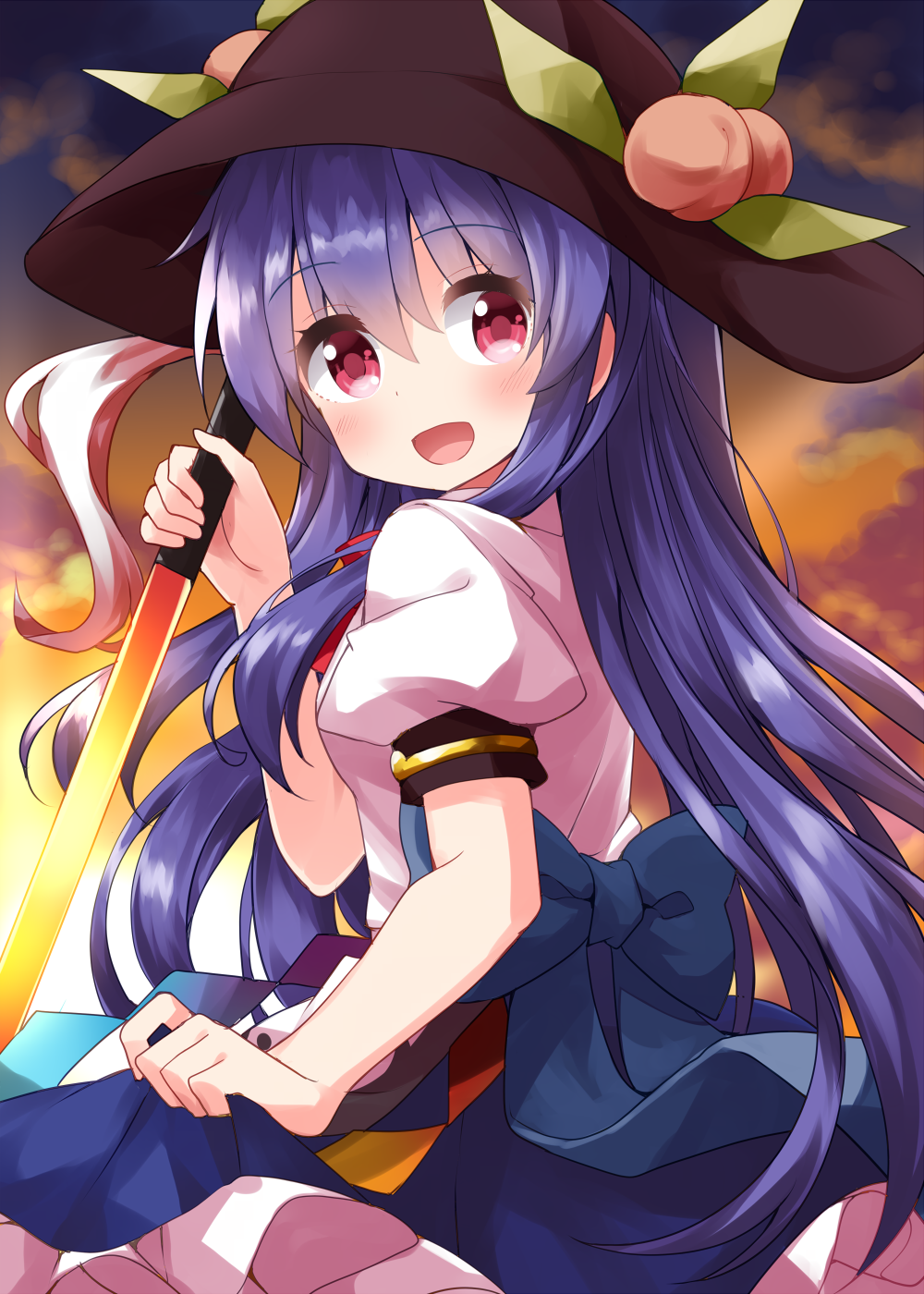 1girl :d bangs black_headwear blue_hair blue_skirt blush bow clouds cowboy_shot eyebrows_visible_through_hair food fruit hair_between_eyes hat highres hinanawi_tenshi holding holding_sword holding_weapon leaf long_hair looking_at_viewer open_mouth peach petticoat puffy_short_sleeves puffy_sleeves red_eyes ruu_(tksymkw) shirt short_sleeves skirt sky smile solo standing sunset sword sword_of_hisou touhou very_long_hair weapon white_shirt