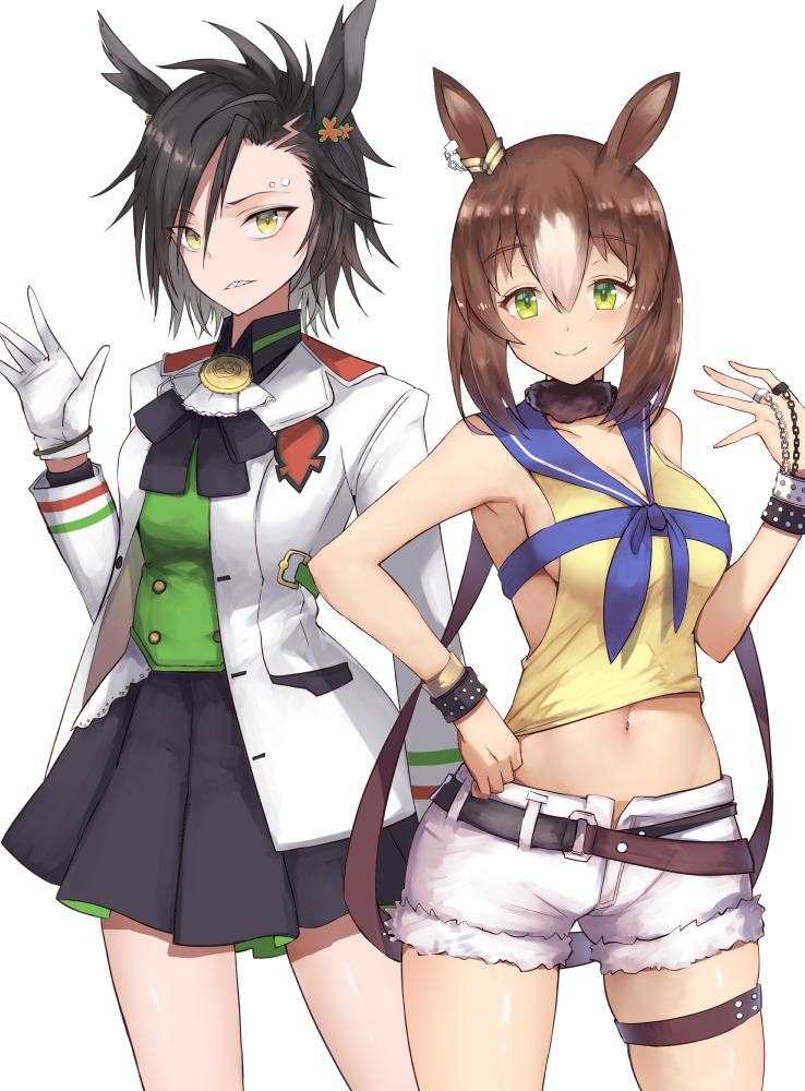 2girls air_shakur_(umamusume) animal_ears bangs bare_arms bare_shoulders black_hair black_skirt breasts brown_hair clenched_teeth commentary_request cowboy_shot crop_top eyebrows_visible_through_hair fine_motion_(umamusume) gloves green_shirt hair_between_eyes hand_up horse_ears jacket long_sleeves looking_at_viewer medium_breasts midriff miniskirt multiple_girls navel open_fly pleated_skirt shirt short_hair short_shorts shorts sideboob simple_background skirt sleeveless sleeveless_shirt standing stomach teeth thigh_strap thighs umamusume white_background white_gloves white_jacket white_shorts yellow_eyes yellow_shirt yuzuruka_(bougainvillea)