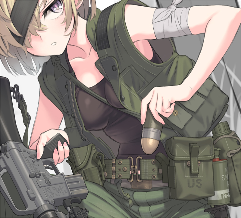 1girl ar-15 assault_rifle bandaged_arm bandages belt between_breasts breasts brown_hair canteen cowboy_shot green_pants green_vest grenade_launcher grey_background gun hair_over_one_eye leaning_forward looking_at_viewer m16a1 m203 original pants rifle samaru_(seiga) short_hair small_breasts smoke_grenade solo strap_between_breasts tank_top underbarrel_grenade_launcher vest weapon