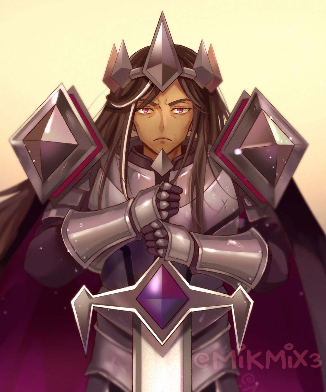 1boy black_hair closed_mouth collarbone colored_eyelashes cookie_run crown dark-skinned_male dark_cacao_cookie dark_skin hair_between_eyes highres letterboxed long_hair mature_male mikmix multicolored_hair serious solo sword turtleneck violet_eyes weapon white_hair