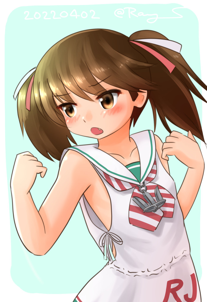 1girl anchor_necklace brown_eyes brown_hair clothes_writing collarbone commentary_request cosplay cowboy_shot dress kantai_collection libeccio_(kancolle) libeccio_(kancolle)_(cosplay) long_hair looking_to_the_side neckerchief ray.s red_neckerchief ryuujou_(kancolle) sailor_collar sailor_dress solo striped_neckerchief twintails upper_body white_dress white_sailor_collar