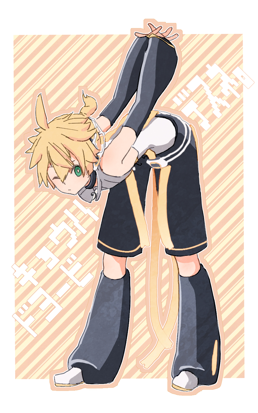 1boy arms_behind_back bare_shoulders bass_clef bent_over black_legwear black_shorts black_sleeves blonde_hair commentary d_futagosaikyou detached_sleeves expressionless full_body green_eyes highres interlocked_fingers kagamine_len kagamine_len_(append) leg_warmers looking_at_viewer male_focus one_eye_closed outstretched_arms own_hands_together pendant_choker shirt short_ponytail shorts sleeveless sleeveless_shirt solo spiky_hair standing stretch striped striped_background translated vocaloid vocaloid_append white_shirt yellow_background
