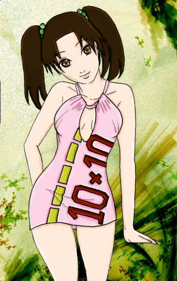 alternate_costume alternate_hairstyle breasts brown_eyes brown_hair cleavage dress female nail_polish naruto smile solo tenten twintails