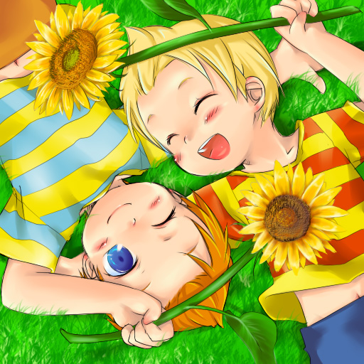 child claus flower hakaze lucas lying mother_(game) mother_3 nintendo siblings smile sunflower twins wink