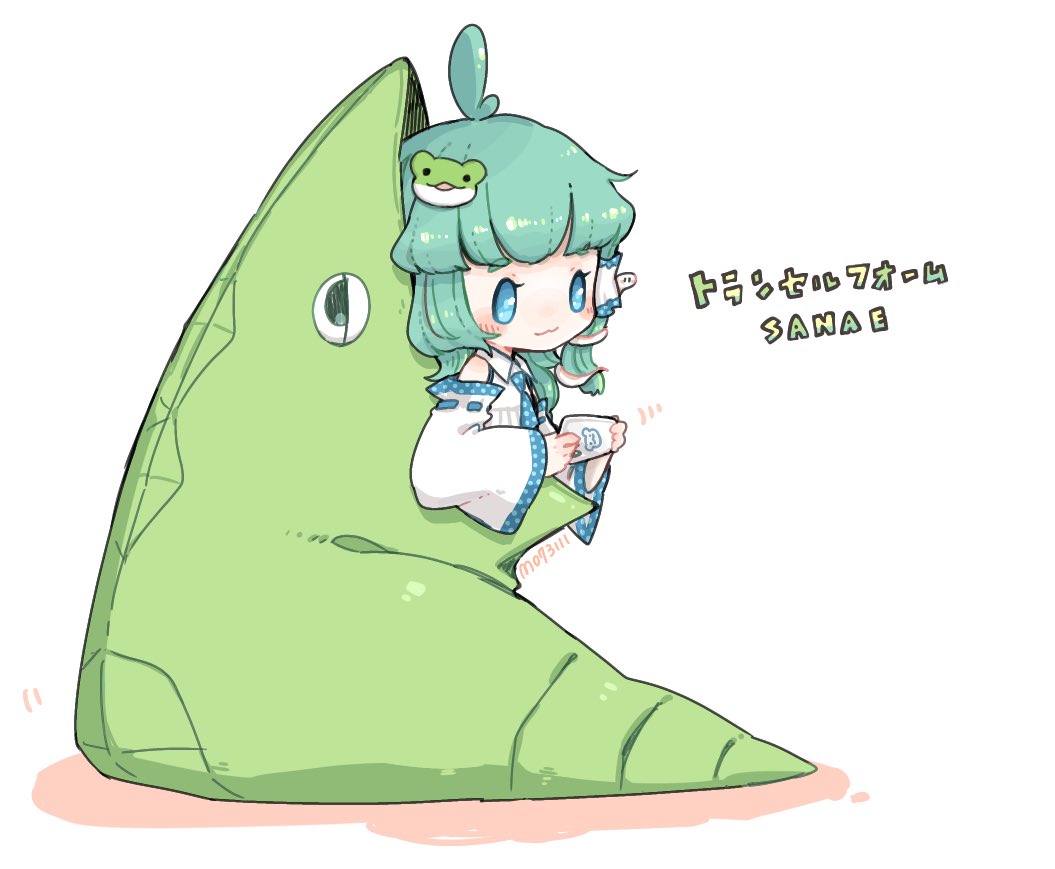 1girl ahoge ascot blue_eyes character_name collared_shirt commentary_request detached_sleeves frog_hair_ornament green_hair hair_ornament hair_tubes holding holding_phone kochiya_sanae long_hair long_sleeves m_(m073111) metapod phone pokemon shirt sidelocks sleeveless sleeveless_shirt snake_hair_ornament solo touhou white_background white_shirt wide_sleeves wing_collar