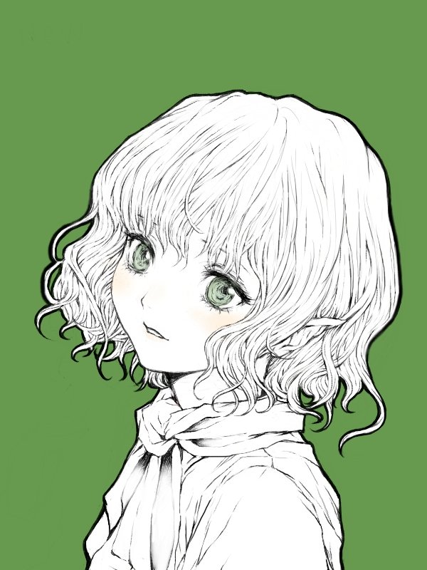 1girl bangs eyebrows_behind_hair green_background green_eyes green_theme light_blush looking_at_viewer mizuhashi_parsee monochrome parted_lips pointy_ears sasaka1185 scarf short_hair simple_background solo touhou