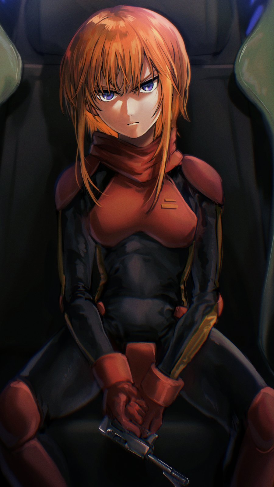 1girl between_legs chanmura cockpit frown gloves gun gundam gundam_zz hand_between_legs handgun highres holding holding_gun holding_weapon looking_at_viewer orange_hair pilot_suit pistol puru_two red_gloves sitting solo v-shaped_eyebrows violet_eyes weapon