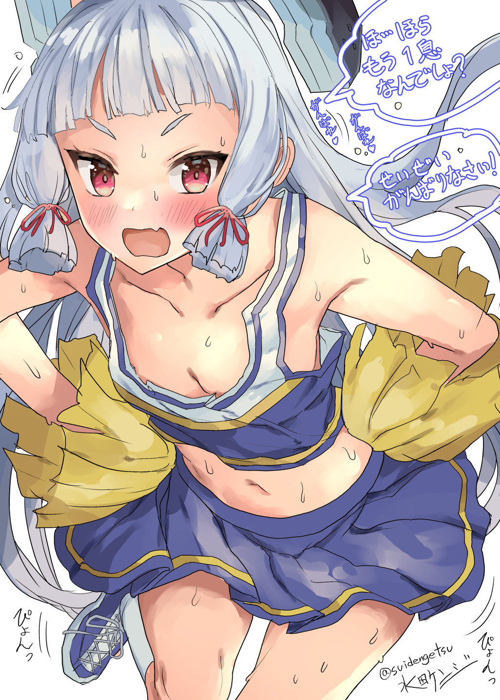 1girl bangs blue_footwear blush breasts cheerleader crop_top fang hair_ribbon hands_on_hips headgear highres kantai_collection long_hair looking_at_viewer mizuta_kenji murakumo_(kancolle) one-hour_drawing_challenge pom_pom_(cheerleading) ribbon shoes sidelocks silver_hair simple_background skin_fang skirt small_breasts sneakers solo speech_bubble sweat translation_request tress_ribbon very_long_hair white_background white_legwear
