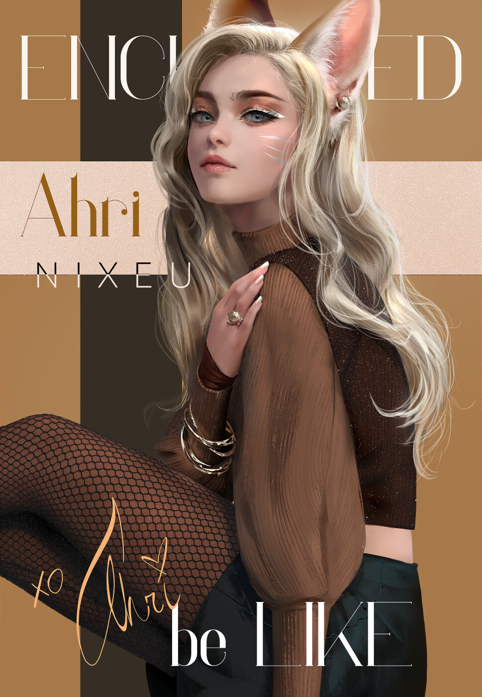 1girl ahri_(league_of_legends) animal_ear_fluff animal_ears artist_name bangle blonde_hair bracelet character_name commentary cover earrings english_commentary expressionless eyeshadow facial_mark fishnet_legwear fishnets fox_ears fox_girl green_sweater grey_eyes hand_on_own_shoulder highres jewelry kneeling league_of_legends long_hair looking_at_viewer magazine_cover makeup mascara midriff_peek mixed-language_commentary nixeu no_tail one_knee puffy_sleeves ring sidelocks skirt solo sweater turtleneck turtleneck_sweater vastaya vest wavy_hair whisker_markings