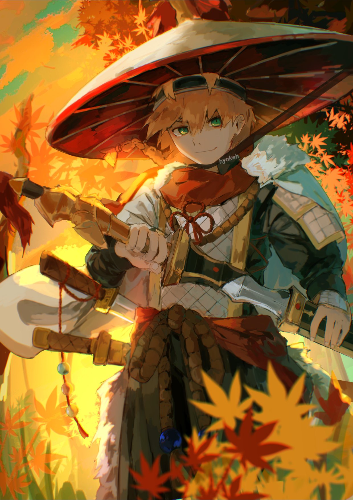 1boy armor artist_name autumn_leaves bangs blonde_hair green_eyes guardian_tales hat highres holding holding_sword holding_weapon japanese_armor ke looking_at_viewer male_knight_(guardian_tales) official_alternate_costume samurai short_hair smile standing sunset sword weapon