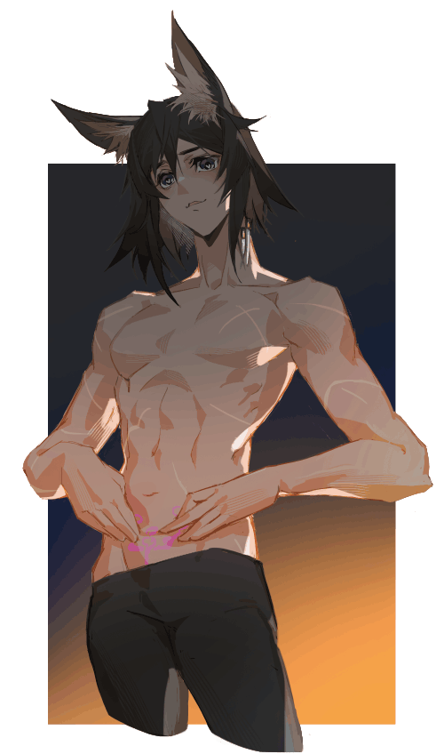 1boy abs animal_ears arknights bishounen brown_eyes brown_hair courier_(arknights) cowboy_shot fox_boy fox_ears heart heart-shaped_pupils long_hair lwouyr pubic_tattoo scar solo symbol-shaped_pupils tattoo toned toned_male topless_male