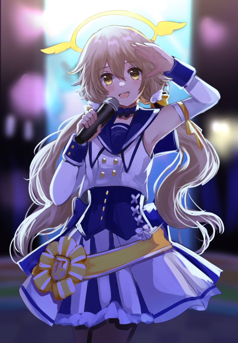 1girl blue_archive blue_sealad blush commentary detached_sleeves hair_between_eyes halo hifumi_(blue_archive) highres light_brown_hair long_hair low_twintails microphone official_alternate_costume pantyhose salute sleeveless solo stage twintails yellow_eyes