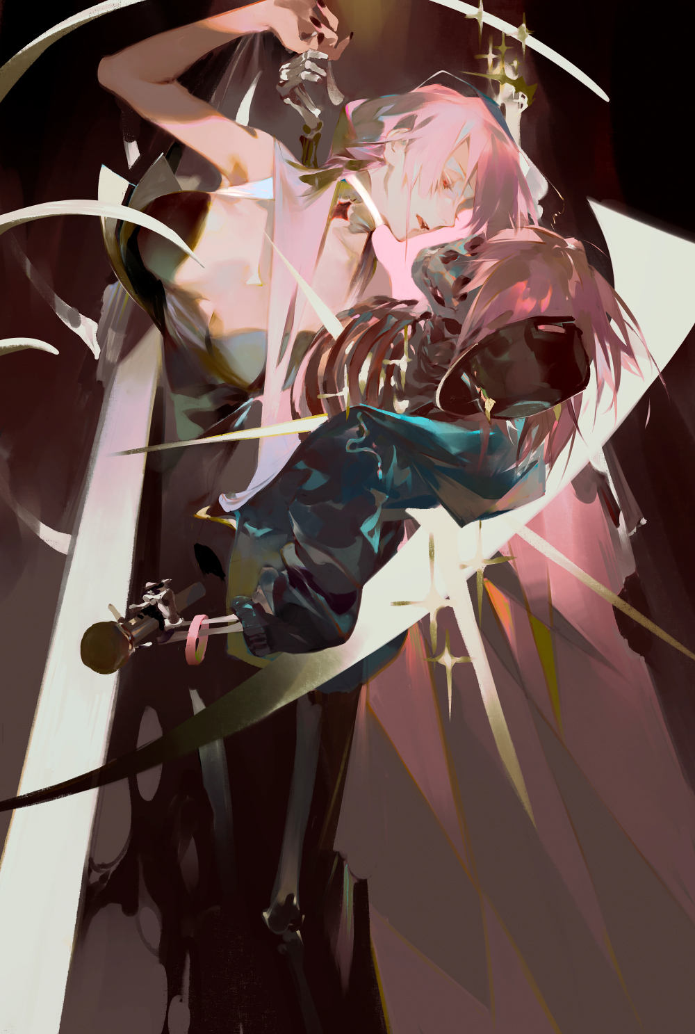 black_nails closed_eyes dress gem hat highres hololive hololive_english jacket jewelry long_hair microphone mori_calliope necklace open_mouth pink_hair red_eyes rei_(sanbonzakura) simple_background skeleton veil virtual_youtuber