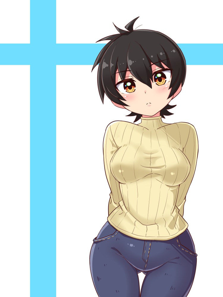 1girl arms_behind_back bangs black_hair blue_pants breasts commentary cougar_(cougar1404) cowboy_shot denim jeans light_frown long_sleeves looking_at_viewer medium_breasts nari_(cougar1404) original pants short_hair solo standing sweater thigh_gap turtleneck white_background yellow_eyes yellow_sweater