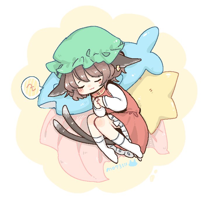 1girl animal_ears brown_hair cat_ears cat_tail chen commentary_request dress earrings fetal_position fish_pillow frilled_dress frills green_headwear hat jewelry long_sleeves m_(m073111) mob_cap multiple_tails red_dress short_hair single_earring sleeping socks solo spoken_zzz star_pillow tail touhou two_tails zzz