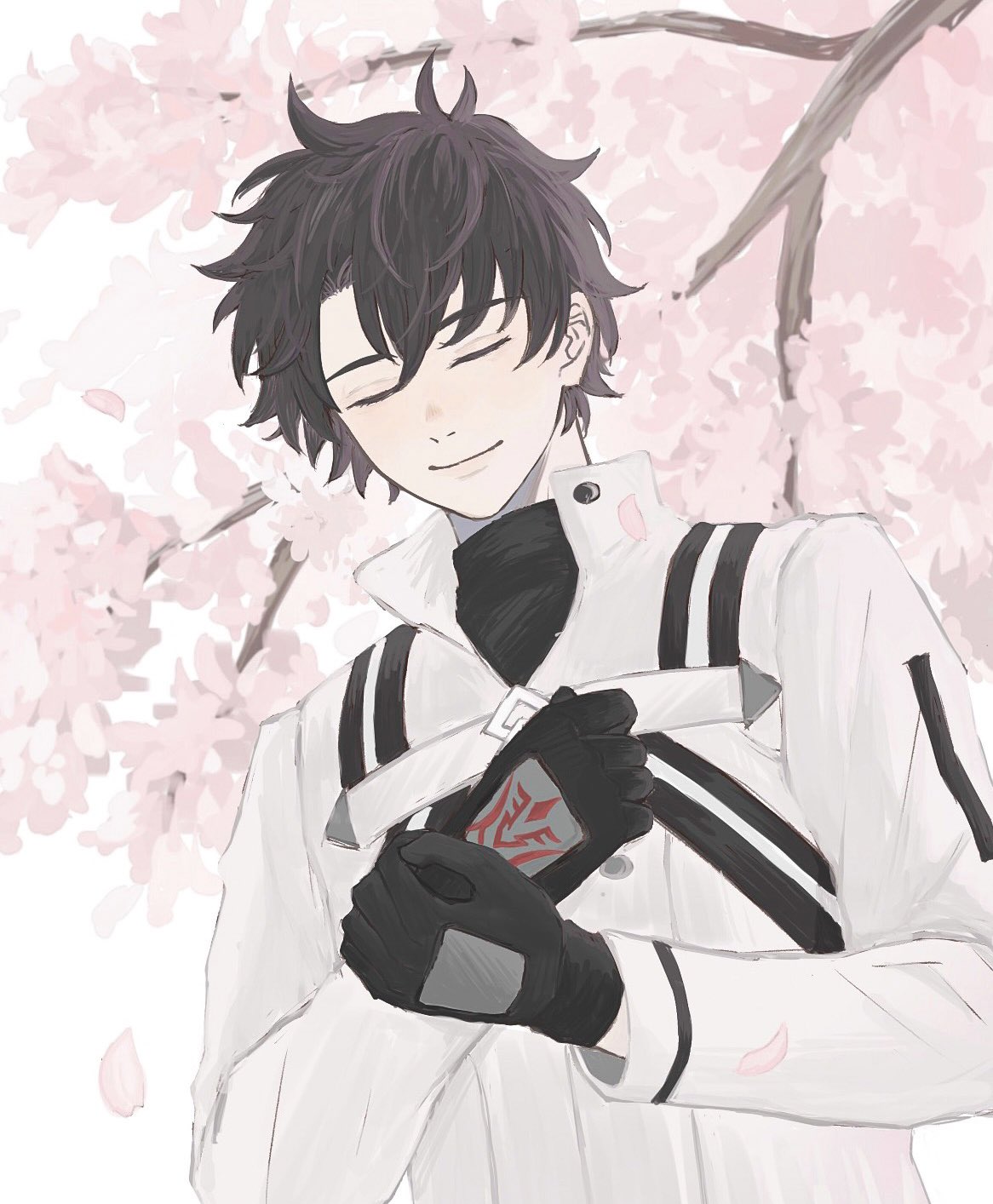 1boy bangs black_hair closed_eyes closed_mouth command_spell commentary_request fate/grand_order fate_(series) fujimaru_ritsuka_(male) gloves highres holding long_sleeves male_focus maruippon_0405 plant shirt short_hair smile solo tree