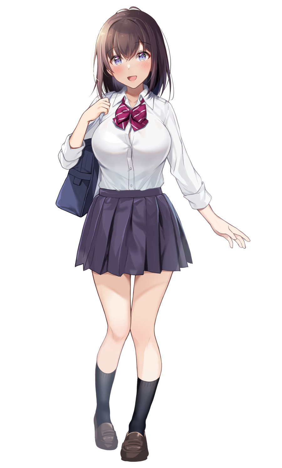 1girl :d bag black_hair black_legwear black_skirt blue_eyes blush breasts brown_footwear collared_shirt commentary_request highres large_breasts loafers looking_at_viewer open_mouth original pleated_skirt school_bag school_uniform shiro_kuma_shake shirt shoes simple_background skirt smile socks standing tachi-e uniform white_background white_shirt