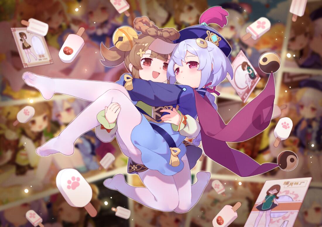 2girls :d bell blue_dress blue_headwear blurry blurry_background blush braid brown_hair carrying closed_mouth commentary_request cropped_jacket depth_of_field dress food genshin_impact hair_bell hair_ornament hair_rings hat ice_cream jacket jingle_bell long_sleeves multiple_girls no_shoes pantyhose princess_carry puffy_long_sleeves puffy_sleeves purple_hair purple_jacket qing_guanmao qiqi_(genshin_impact) red_eyes sleeves_past_wrists smile soles tsubasa_tsubasa twintails white_legwear yaoyao_(genshin_impact) yuri