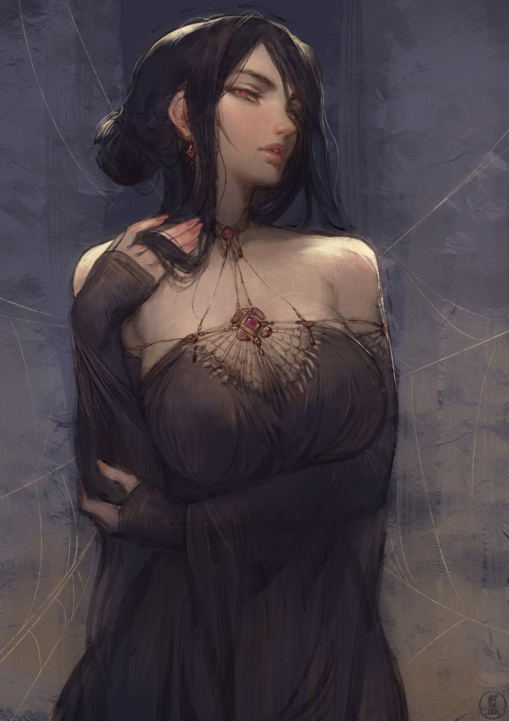 1girl bare_shoulders black_hair choker commentary detached_sleeves earrings hair_bun highres jewelry lips long_hair nat_the_lich original red_eyes signature silk solo spider_web