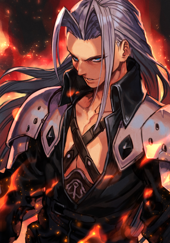 1boy armor black_background black_coat black_jacket blue_eyes coat collarbone collared_jacket evil_grin evil_smile final_fantasy final_fantasy_vii fire flame grin hair_intakes hankuri high_collar jacket long_hair looking_at_viewer male_focus open_clothes open_jacket pauldrons pectorals sephiroth shaded_face shoulder_armor silver_hair smile solo upper_body