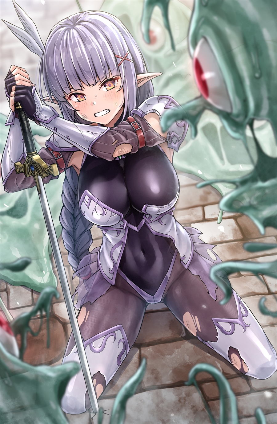 1girl armor bodysuit braid braided_ponytail breasts broken_armor elf ground hands_on_hilt highres knight kotatsu_(kotatsu358) ku_koro large_breasts long_hair looking_at_viewer orange_eyes original planted planted_sword pointy_ears scowl silver_hair single_braid skin_tight slime_(substance) solo sword torn_clothes torn_legwear weapon