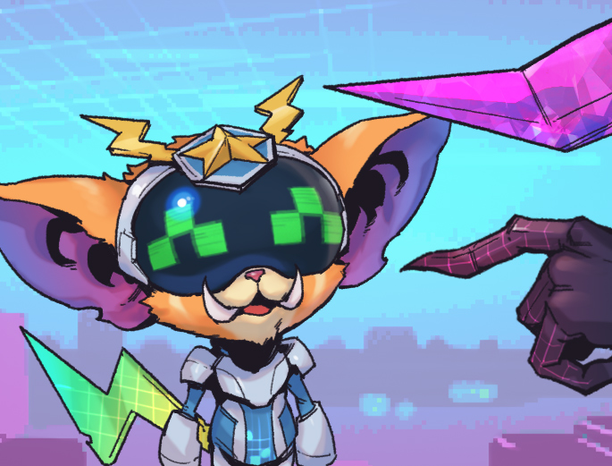 1boy :d android facing_viewer gnar goggles multicolored_background phantom_ix_row pointing_at_another power_armor smile solo_focus standing star_(symbol) tail tusks upper_body yordle