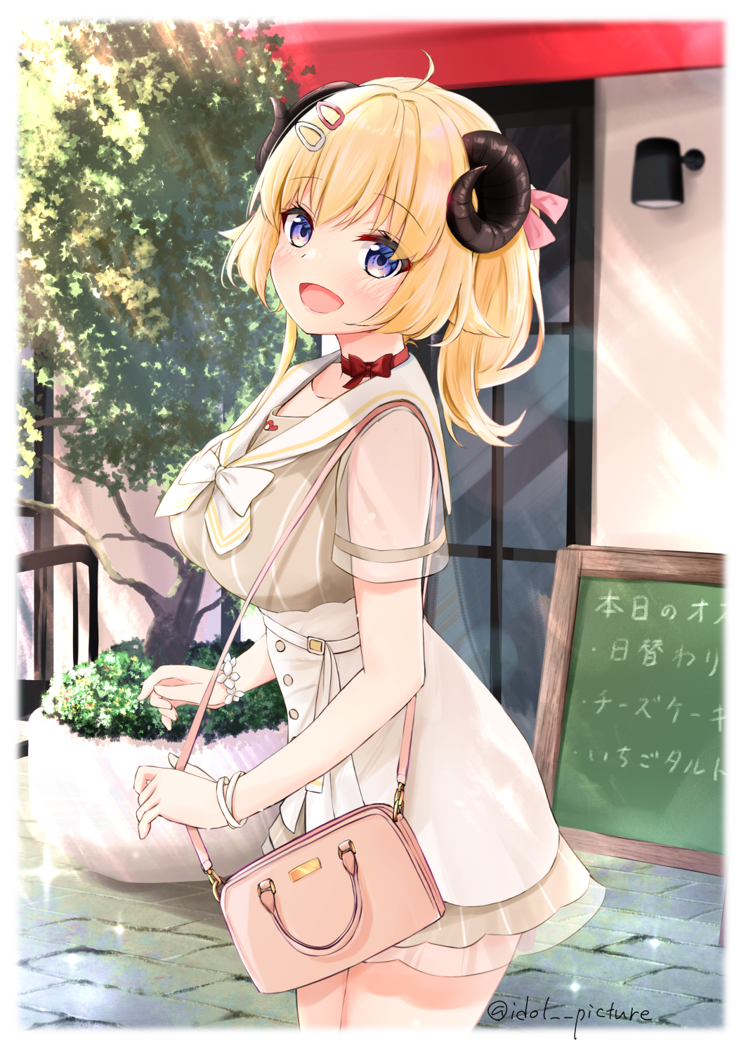 1girl :d ahoge animal_ears bag bangs blonde_hair bow bow_choker bowtie bracelet breasts chalkboard choker day dress ex_idol eyebrows_visible_through_hair from_side hair_ornament hair_ribbon hairclip handbag highres hololive horns jewelry large_breasts looking_at_viewer looking_to_the_side outdoors ponytail red_bow red_choker revision ribbon sailor_collar see-through_sleeves sheep_ears sheep_horns short_sleeves shoulder_bag smile solo sparkle striped striped_dress tsunomaki_watame twitter_username vertical-striped_dress vertical_stripes violet_eyes virtual_youtuber white_bow white_bowtie white_sailor_collar