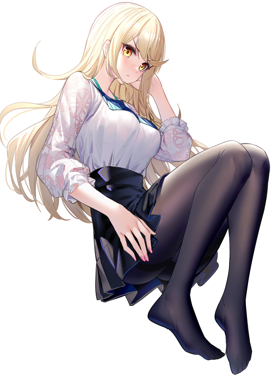 1girl bangs black_legwear blonde_hair blush breasts closed_mouth full_body highres large_breasts long_hair long_sleeves looking_at_viewer mythra_(xenoblade) pantyhose ririko_(zhuoyandesailaer) shirt shirt_tucked_in simple_background skirt solo white_background white_shirt xenoblade_chronicles_(series) xenoblade_chronicles_2 yellow_eyes