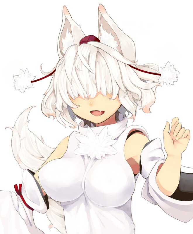 1_mutsuki 1girl :d animal_ears bangs bare_shoulders breasts covered_eyes detached_sleeves inubashiri_momiji open_mouth shirt short_hair simple_background smile tail touhou white_background white_hair white_shirt white_sleeves wolf_ears wolf_girl wolf_tail