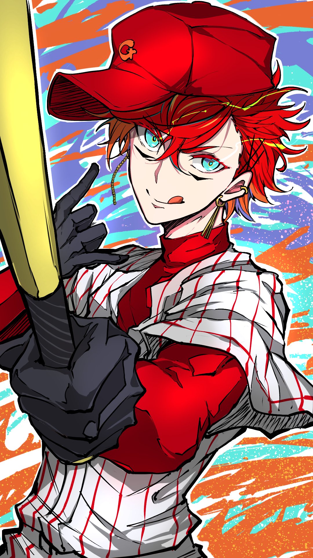 1boy :q \m/ aqua_eyes asymmetrical_bangs asymmetrical_earrings bangs baseball_bat baseball_cap baseball_uniform black_gloves colored_eyelashes crossed_bangs ear_piercing eye_trail facial_mark gloves hat highres hizaki_gamma hizaki_gamma_(artist) holding holding_baseball_bat holostars looking_at_viewer male_focus multicolored_background multicolored_hair open_collar orange_hair outline piercing purple_hair red_shirt redhead shirt smile solo sportswear streaked_hair tongue tongue_out turtleneck upper_body v-shaped_eyebrows white_outline