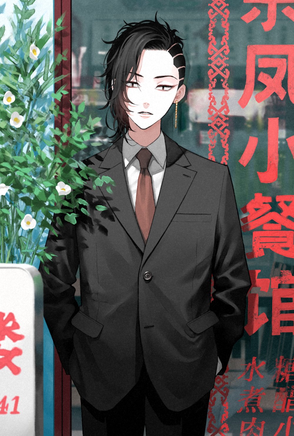 1boy ajinori_kome asymmetrical_hair black_eyes black_hair black_jacket black_pants black_suit collared_shirt cowboy_shot earrings formal hands_in_pockets highres jacket jewelry kokonoi_hajime looking_at_viewer male_focus medium_hair necktie pants parted_lips red_neckwear shirt single_earring solo standing suit tokyo_revengers tsurime white_shirt