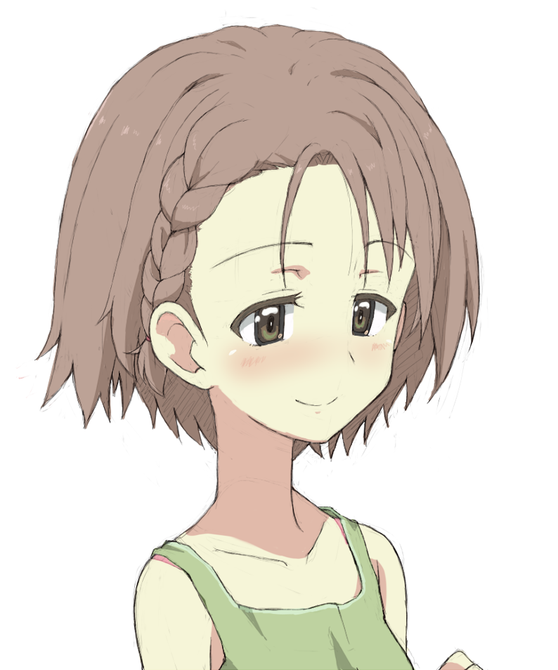 1girl alternate_hairstyle blush braid brown_eyes brown_hair closed_mouth commentary girls_und_panzer green_shirt hair_tie half-closed_eyes kayabakoro looking_to_the_side maruyama_saki portrait shirt short_hair simple_background smile solo tank_top white_background