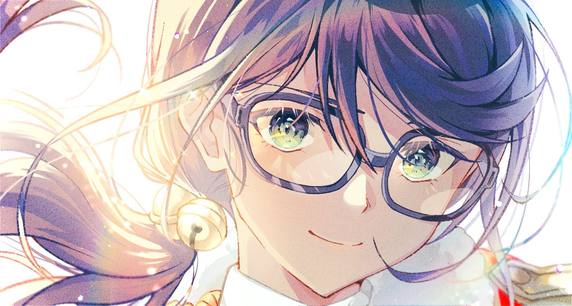 1girl bangs bell black-framed_eyewear blurry closed_mouth commentary depth_of_field face floating_hair fur_trim glasses green_eyes hair_bell hair_between_eyes hair_ornament hoshimi_junna jingle_bell lens_flare light_particles long_hair looking_at_viewer low_ponytail nijiko_(c2cs4q) portrait purple_hair shiny shiny_hair shoujo_kageki_revue_starlight side_ponytail simple_background smile solo sparkle swept_bangs white_background