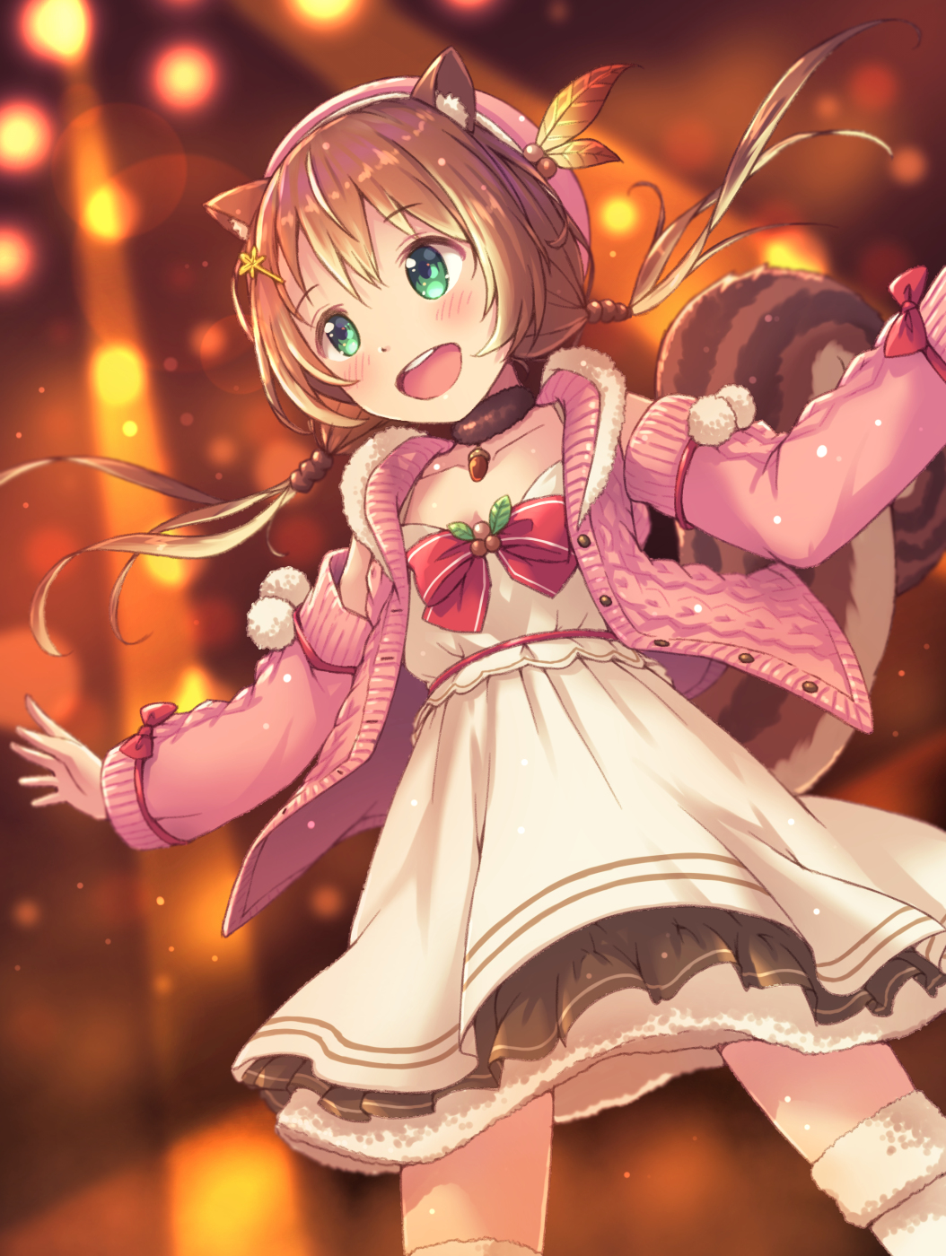 1girl acorn aki_(akisora_hiyori) ayunda_risu bangs beige_dress bow breasts brown_choker brown_hair choker clothing_cutout collarbone fur_choker green_eyes highres hololive hololive_indonesia hood hoodie lens_flare low_twintails medium_breasts open_hands open_mouth pink_hoodie red_bow shoulder_cutout smile solo thigh-highs twintails virtual_youtuber