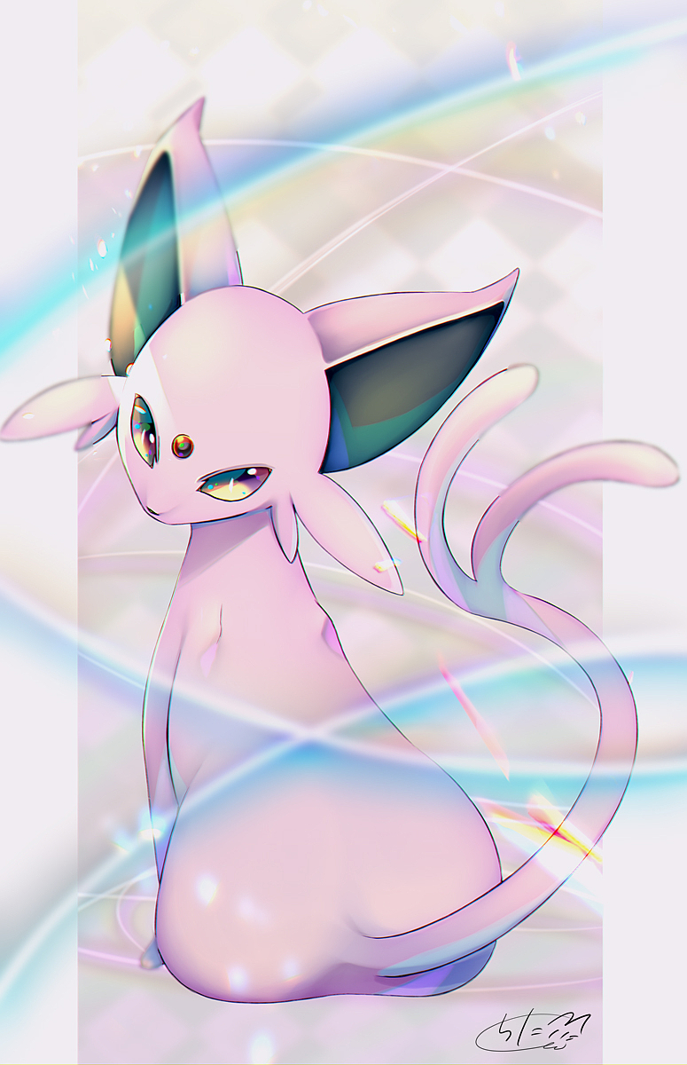 chita_(ketchup) espeon forked_tail from_behind highres looking_at_viewer looking_back no_humans pokemon pokemon_(creature) signature sitting solo tail violet_eyes