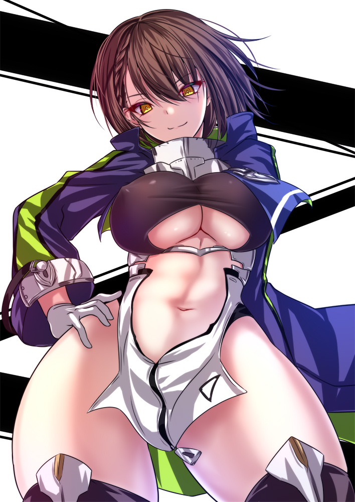 1girl ahoge akeyama_kitsune azur_lane baltimore_(azur_lane) bangs black_background black_legwear blue_coat braid breasts brown_hair center_opening closed_mouth clothing_cutout coat commentary_request covered_nipples cowboy_shot dress eyebrows_visible_through_hair french_braid gloves hair_between_eyes hand_on_hip hood hood_down hooded_coat large_breasts long_sleeves looking_at_viewer multicolored_coat navel partial_commentary pelvic_curtain short_hair sidelocks skindentation smile solo standing stomach_cutout thigh-highs under_boob underboob_cutout white_background white_dress white_gloves yellow_eyes zipper zipper_pull_tab