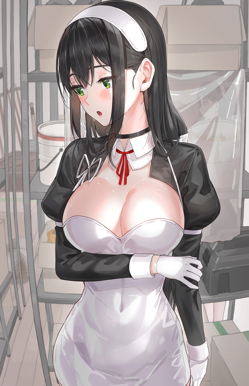 1girl arm_under_breasts bangs black_choker black_hair black_jacket breasts choker covered_navel cropped_jacket detached_collar dress gloves grabbing_own_arm green_eyes highres jacket kfr large_breasts long_hair looking_away maid open_mouth original sleeveless sleeveless_dress solo sweat white_dress white_gloves