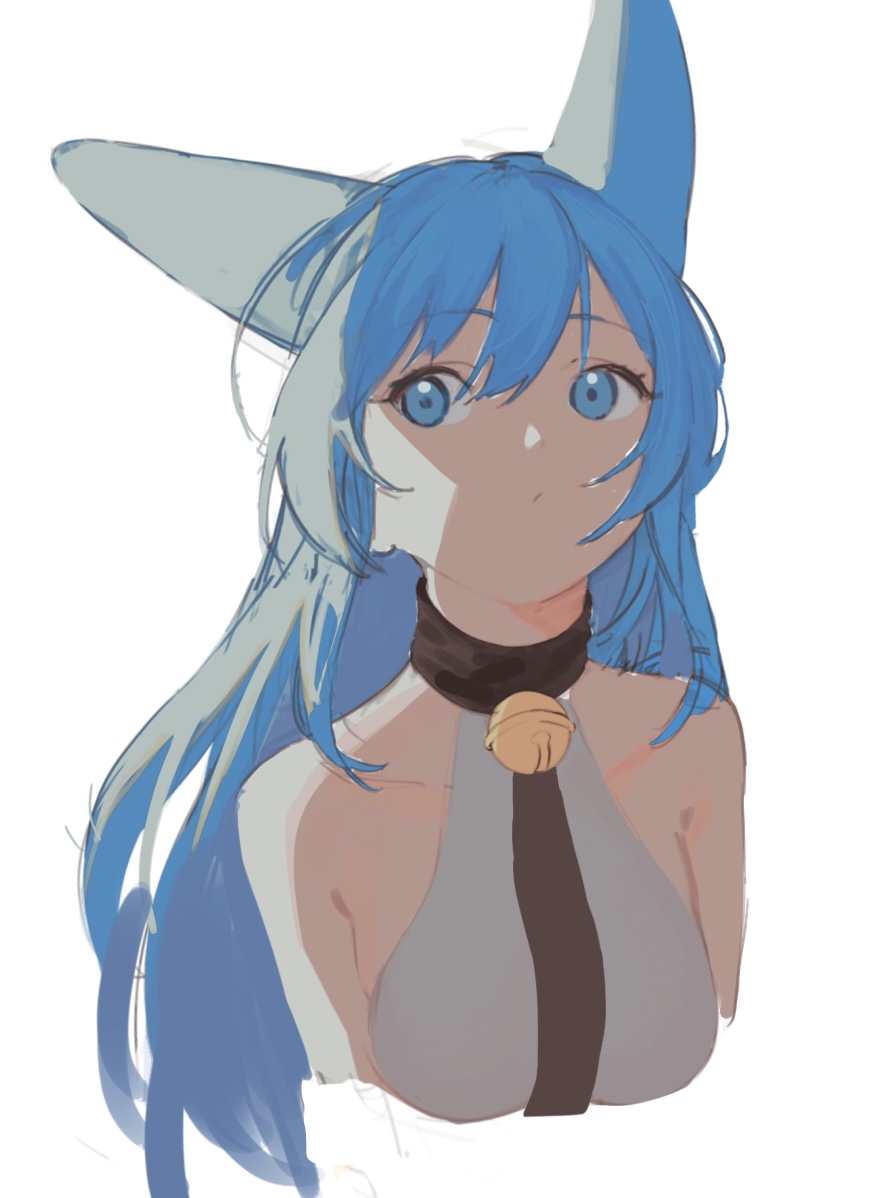 1girl animal_ears bare_shoulders bell between_breasts blue_eyes blue_hair breasts closed_mouth collarbone commission eyebrows_visible_through_hair hair_between_eyes kona_ming long_hair neckbell necktie necktie_between_breasts original pixiv_request simple_background sketch solo upper_body white_background
