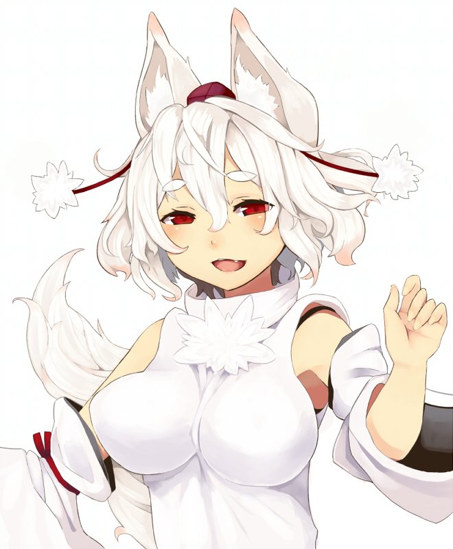 1_mutsuki 1girl :d animal_ears bangs bare_shoulders breasts detached_sleeves inubashiri_momiji looking_at_viewer open_mouth red_eyes shirt short_hair simple_background smile tail touhou white_background white_hair white_shirt white_sleeves wolf_ears wolf_girl wolf_tail