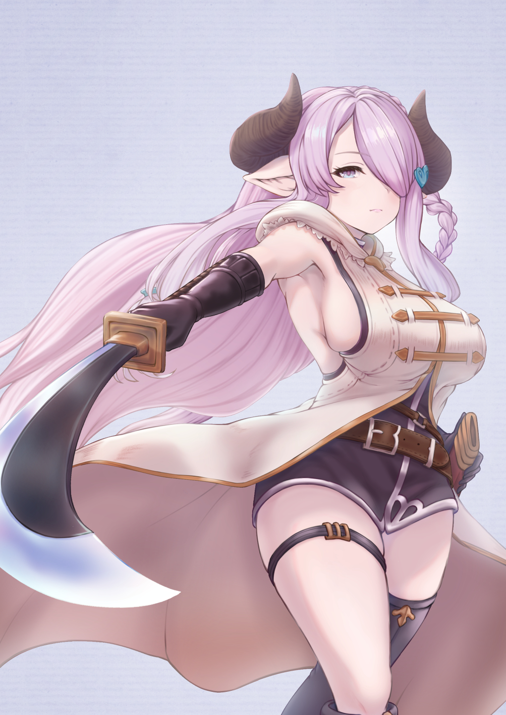 1girl armpits asymmetrical_gloves black_gloves black_legwear blue_eyes bottomless braid breasts draph elbow_gloves gloves granblue_fantasy hair_over_one_eye highres holding holding_weapon horns katana large_breasts light_purple_hair long_hair looking_at_viewer low_tied_hair narmaya_(granblue_fantasy) pointy_ears purple_hair sheath single_braid single_thighhigh sleeveless solo sword teriton thigh-highs thigh_strap uneven_gloves weapon