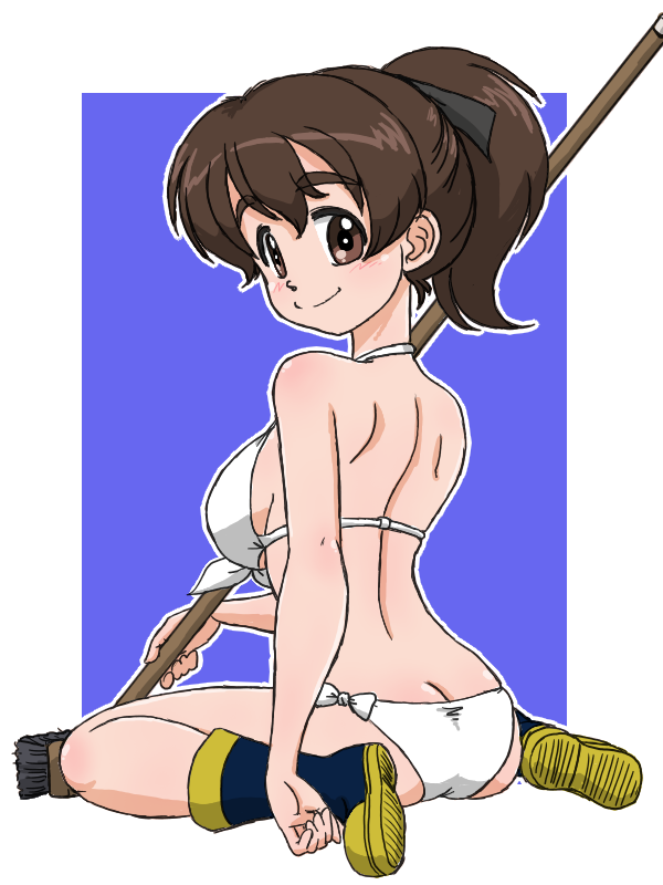 1girl ass back bangs bikini black_footwear black_ribbon blue_background boots border breasts broom brown_eyes brown_hair butt_crack closed_mouth commentary from_behind full_body girls_und_panzer hair_ribbon halterneck holding holding_broom koyama_yuzu looking_at_viewer looking_back medium_breasts medium_hair outline outside_border ribbon rubber_boots short_ponytail side-tie_bikini sitting smile solo swimsuit takahashi_kurage textless wariza white_bikini white_border white_outline