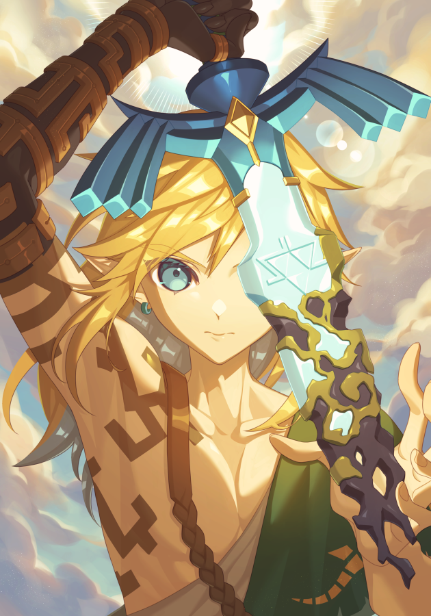 1boy arm_up bangs bitikara closed_mouth day earrings green_eyes hand_up holding holding_sword holding_weapon jewelry link long_hair looking_at_viewer male_focus master_sword outdoors pointy_ears shiny shiny_hair solo sword the_legend_of_zelda the_legend_of_zelda:_breath_of_the_wild upper_body weapon