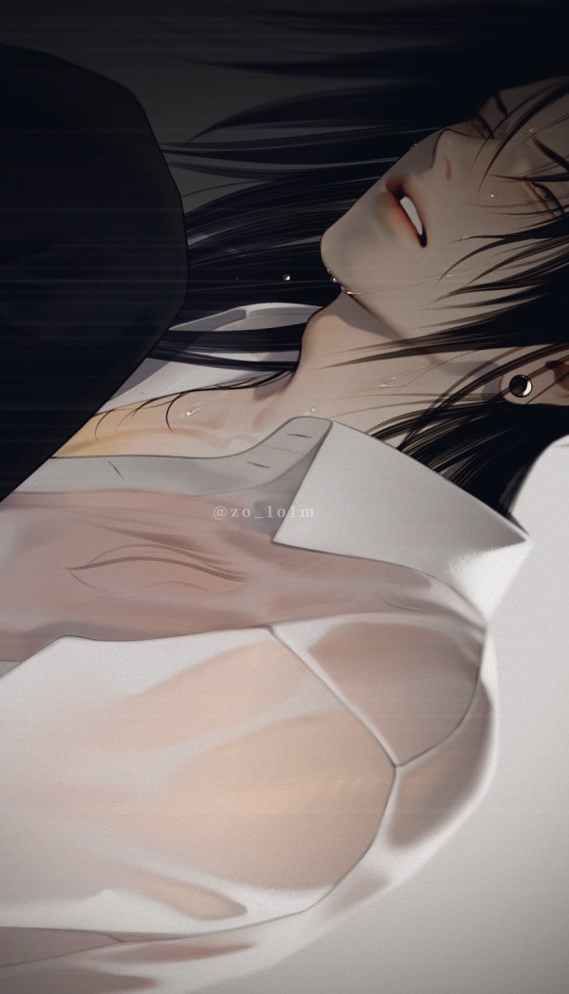 1boy adam's_apple black_hair collared_shirt dress_shirt furrowed_brow getou_suguru grey_background half-closed_eyes jujutsu_kaisen long_hair male_focus parted_lips plug_(piercing) portrait see-through shirt sideways solo straight_hair unbuttoned wet wet_clothes wet_hair white_shirt zo_1o1m