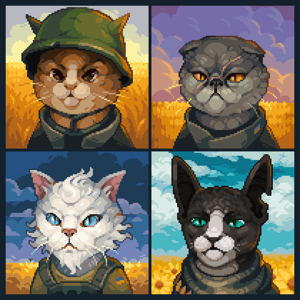 arthur_vista blue_eyes brown_eyes cat clouds day field flower flower_field fomziepixels helmet looking_at_viewer military_helmet no_humans original outdoors pixel_art scar scar_across_eye ukraine ukrainian_flag upper_body