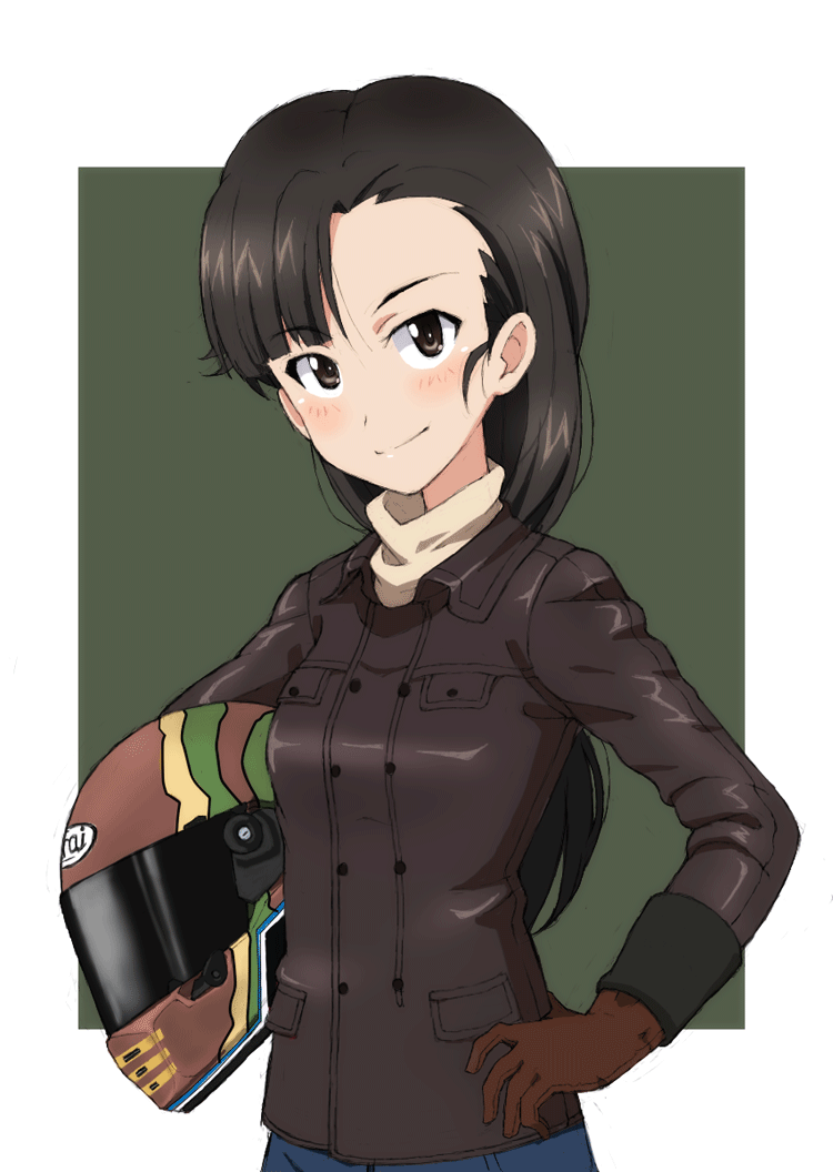 1girl asymmetrical_bangs bangs black_eyes black_hair black_jacket border brown_gloves brown_headwear casual closed_mouth commentary girls_und_panzer gloves grey_background hairband hand_on_hip headwear_removed helmet helmet_removed holding holding_helmet jacket kayabakoro leather leather_jacket long_hair looking_at_viewer motorcycle_helmet nishi_kinuyo outside_border shirt smile solo straight_hair turtleneck upper_body white_border white_shirt