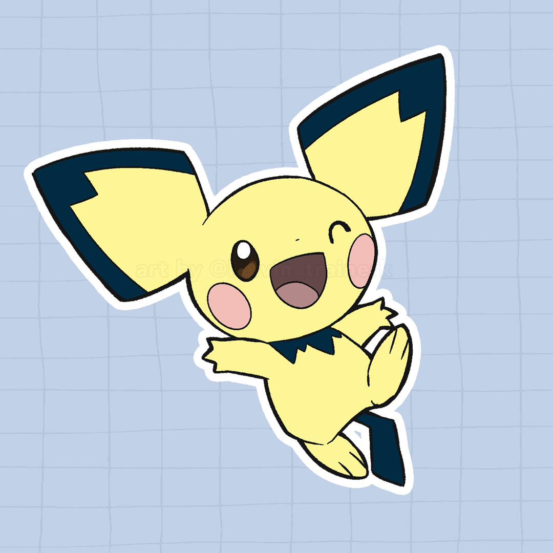 ;d commentary full_body grey_background grid_background happy kelvin-trainerk no_humans one_eye_closed open_mouth outline pichu pokemon pokemon_(creature) smile solo tongue twitter_username watermark