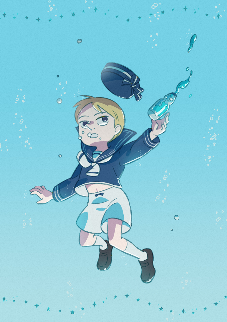 1boy air_bubble alternate_costume bangs black_eyes black_footwear blonde_hair blue_headwear blue_sailor_collar blue_shirt bottle bubble commentary_request daida freediving hat long_sleeves looking_up male_focus navel nikomi_(nikomix) ousama_ranking outstretched_arms pointy_nose sailor_collar shirt shoes short_hair shorts socks solo underwater white_legwear white_shorts