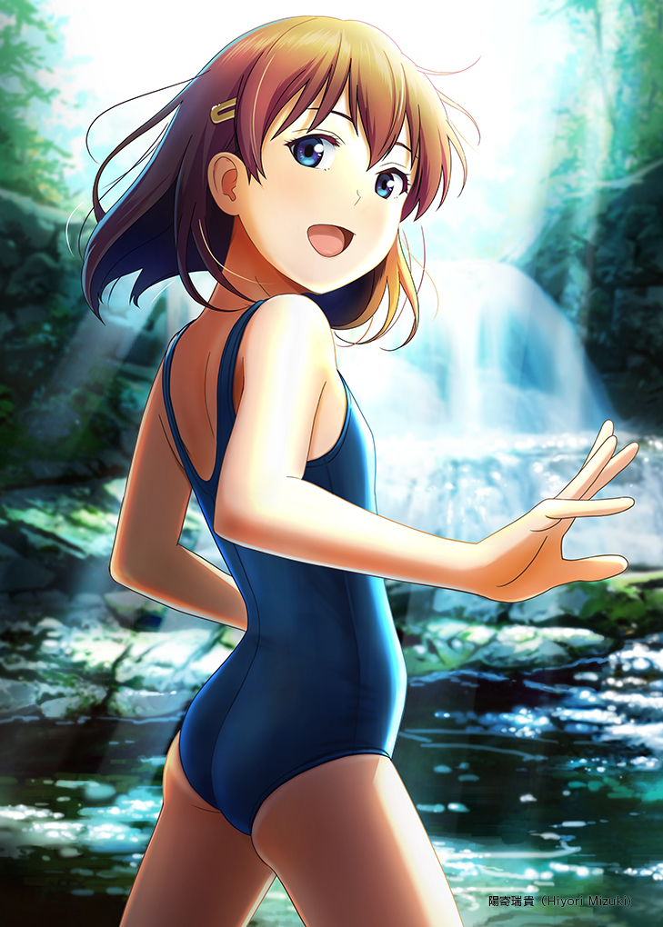 1girl :d ass bangs bare_arms bare_shoulders blue_eyes blue_swimsuit blurry blurry_background brown_hair character_request commentary_request competition_school_swimsuit cowboy_shot day depth_of_field flat_chest forest from_side hair_ornament hairclip hiyori_mizuki long_hair looking_at_viewer nature old_school_swimsuit one-piece_swimsuit open_mouth outdoors river school_swimsuit short_hair smile solo standing sukumizu_syndrome swimsuit tree water waterfall